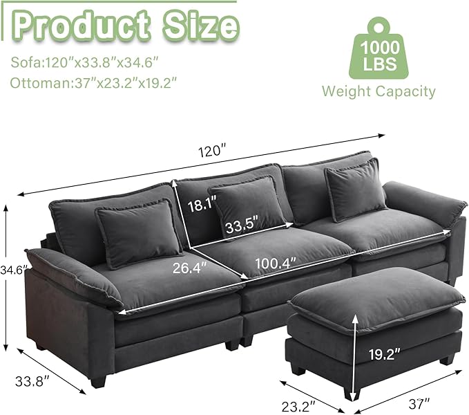 L Shape Sofa Comfy Sectional Cloud Couch for Living Room with Pillows Modern Velvet Sofa Sleeper Deep Couches with Ottoman (Grey 4-Seat)