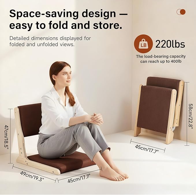 Tiita Foldable Tatami Chair Japanese Floor Chair Wood Legless Back Rest Chairs with Cushion Accent Meditation Floor Chairs Bay Window Wood Brown