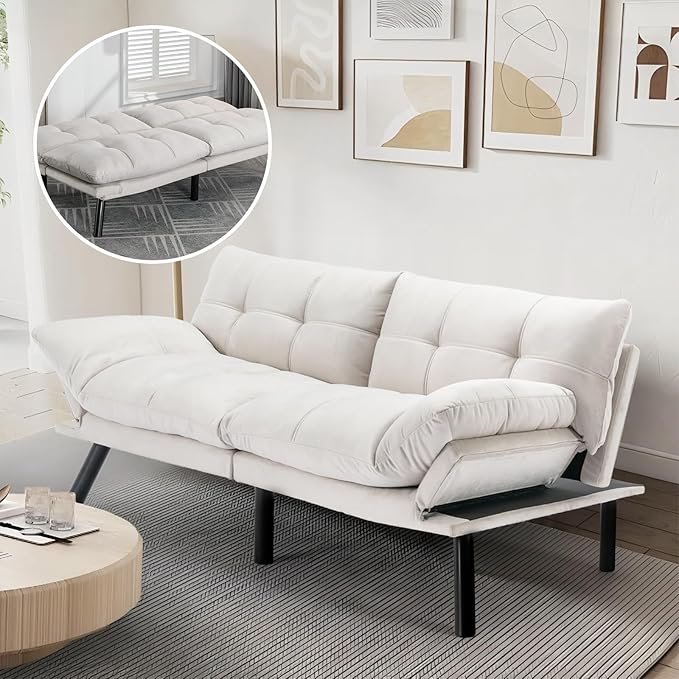 Convertible Futon Double Sofa Bed2 in 1 with Adjustable Backrest Memory Foam Loveseat for Living Room Bedroom Office Apartment Compact Sofa(Beige)