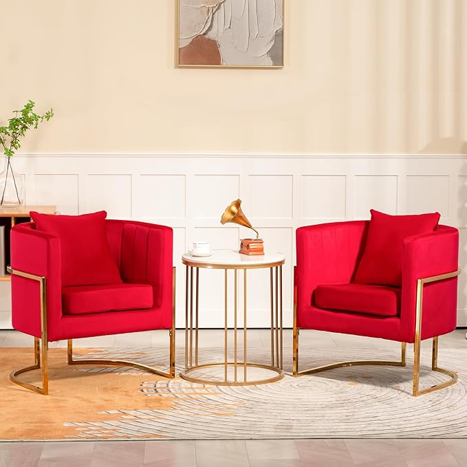 Velvet Modern Accent Chair Upholstered Barrel Armchair Mid Century with Pillow for Living Room Comfy Single Vanity Chair with Metal Gold Legs for Bedroom Rose Red