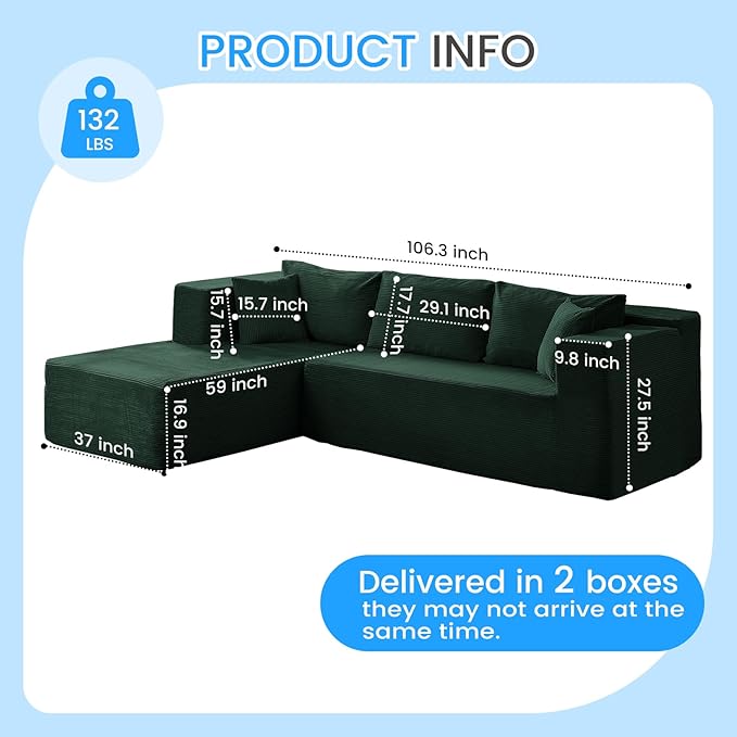 PUREMIND 106 Cloud Sectional Couch for Living Room Corduroy L Shape Sofa with Deep Seat Modern Green Couches Modular Boneless Foam Couch Corner Couches No Assembly Required