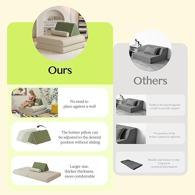 Daneey Convertible Folding Sofa Bed Foldable Floor Sofa Bed with Back Support Pillow Folding Chair Bed Floor Mattress for Adults Soft Sofa Bed Floor Sofa Chair with 2 Bolster Pillow Washable Cover