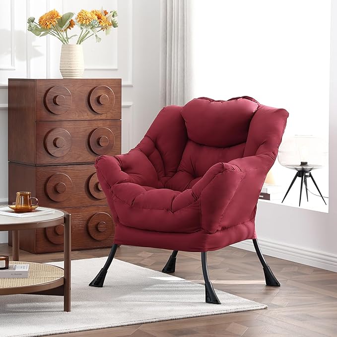 Welnow Lazy Chair for Living Room Modern Reading Accent Chair with Armrests and a Side Pocket Leisure Upholstered Lazy Sofa for Small Space Bedroom Dorm Burgundy