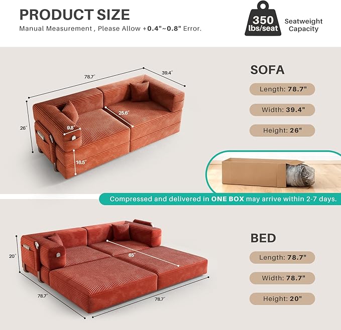 78 Compressed Convertible Sofa Bed Modular Corduroy Loveseat Sleeper with Fixed-Shape Frame Folding Mattress Couch with 2 Pillows for Living Room Bedroom Small Spaces No Assembly Needed Orange
