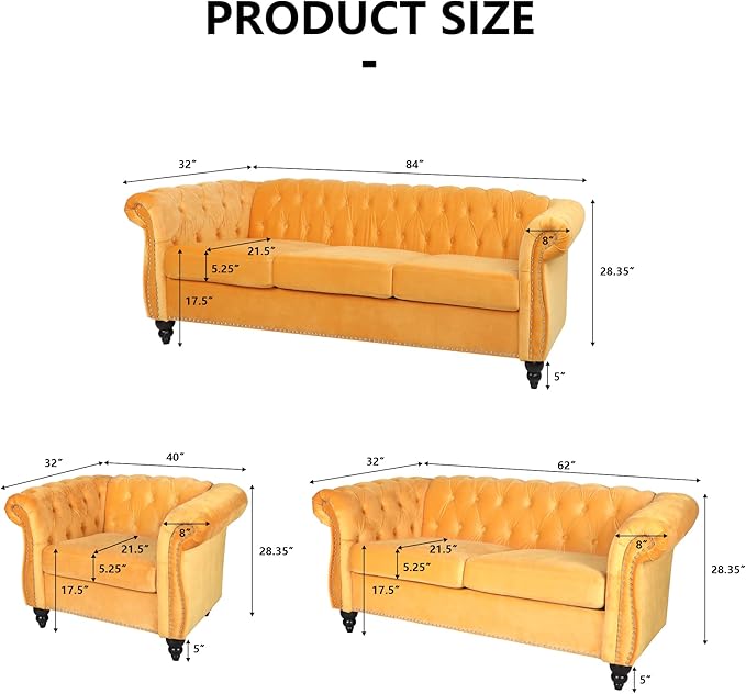 AVZEAR Chesterfield Loveseat Modern Velvet Sofa Tufted Couch 2 Seater with Scroll Arms and Nailhead for Living Room Bedroom Office Apartment Yellow