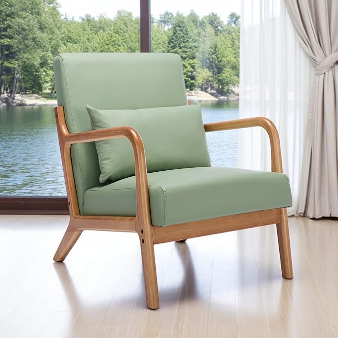 Mid Century Modern Accent Chair Arm Chair Living Room Chairs with Lumbar Pillow Upholstered Reading Chair with Solid Wood Frame &amp Cat-Scratch Leather for Living Room Bedroom