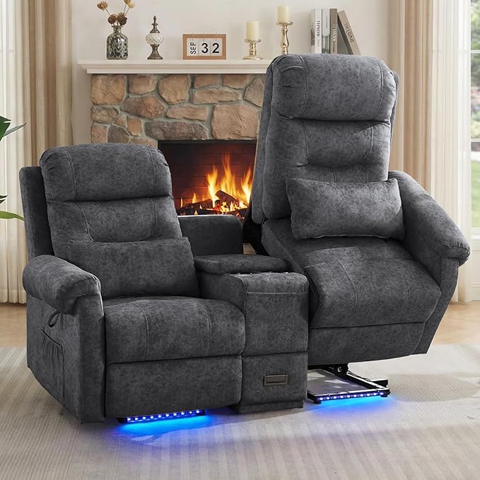 Power Lift Recliner Loveseat Sofa for Elderly Dual Motor Electric Recliner with Massage &amp Heat 2-Seater Velvet Couch with Independent Control Console Cup Holder &amp Power Outlet (Grey 69”)