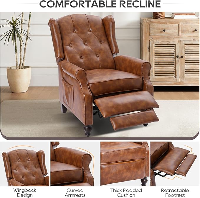 Wingback Recliner Chair with Massage and Heat Tufted Back PU Leather Living Room Armchair with Nailhead TrimPush Back Recliner Chair with Remote ControlPadded Cushion (Tawny Brown)
