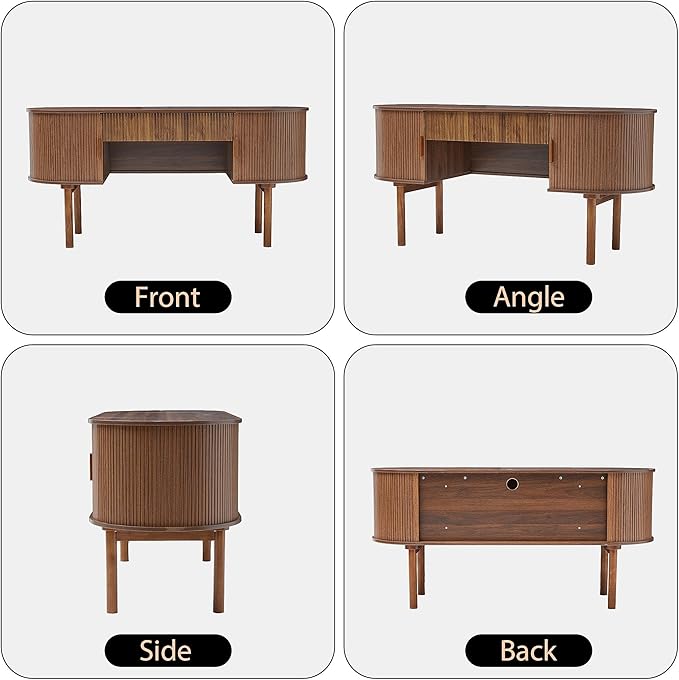 Executive Office Desk with Storage 63 Inch Large Computer Workstation Desk with Drawer and File Cabinets Mid Century Modern Fluted Wood Writing Desk for Home Office Study Room Living Room Walnut