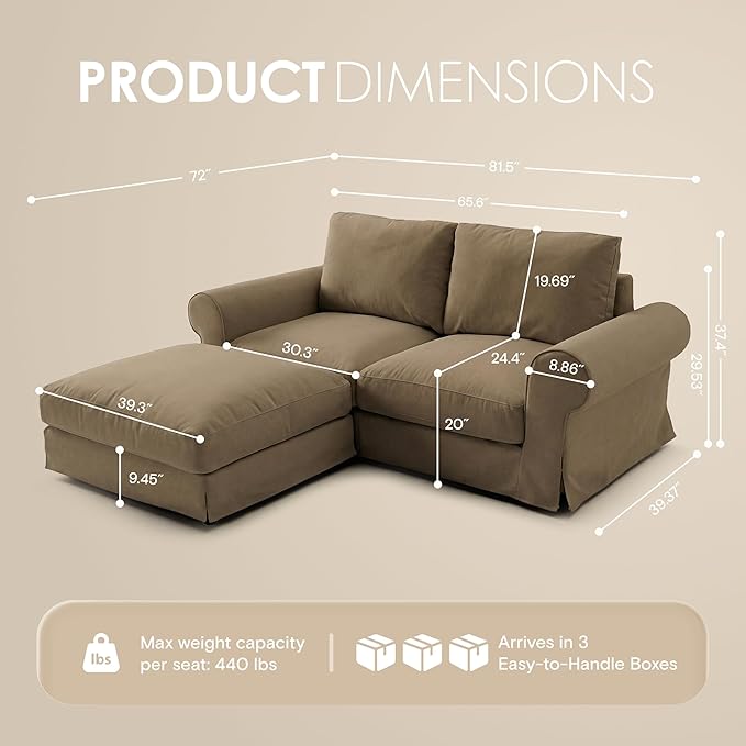 Loveseat Cloud Couch with Ottoman for Living Room Oversized 81.9 Farmhouse Comfy Slipcoverd Sofa with Rolled Arms Washable Couches with Deep &amp Wide seat Easy Assmably Khaki