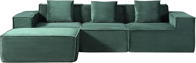 Rowan Convertible Corduroy Sectional Couch with Ottoman &amp Pillows Modular L Shaped Sleeper Sofa Boneless Cloud Couch for Living Room Furniture Dark Green