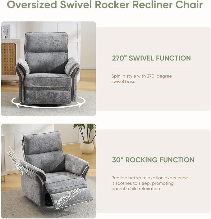 Oversized Power Recliner Chair Swivel Glider with Massage and Heat Rocker Nursery Recliner for Adults with Adjustable Headrest 26 Extra Wide Nursery Chair with Overstuffed Armrest Dark Grey