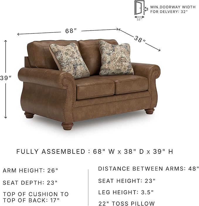 Signature Design by Ashley Shadsburne Rustic Faux Leather Loveseat with Nailhead Trim and 2 Throw Pillows Brown