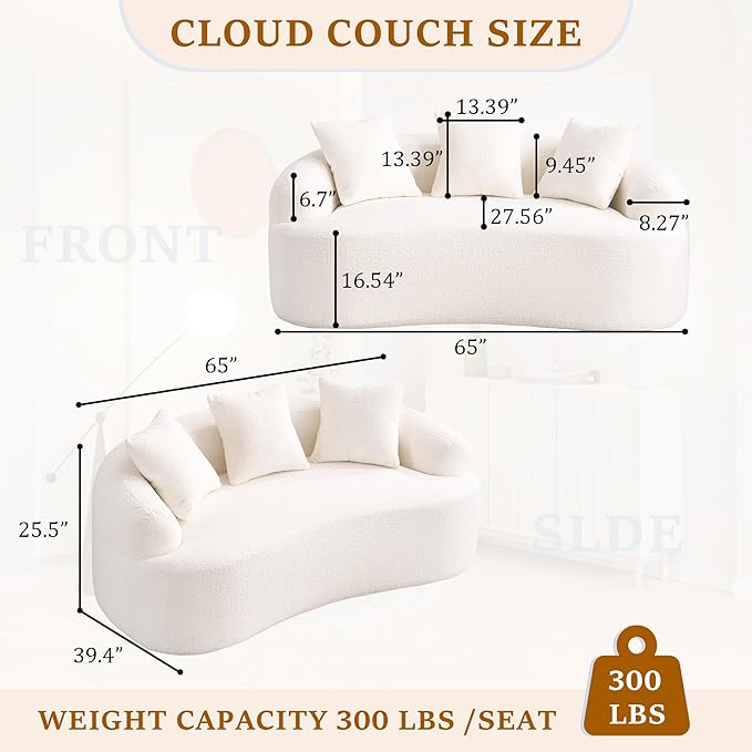 65'' Modern Curved Cloud Loveseat Sectional Sofa for Small Spaces Luxury Plush Chenille Deep Seat Couch with 3 Pillows No Assembly Needed Apartment Living Room Furniture Beige
