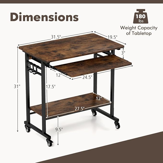 Tangkula Rolling Computer Desk Cart with Keyboard Tray Mobile Portable Laptop PC Desk with CPU Stand &amp 3 Hooks for Sofa &amp Bed Industrial Small Desk on Wheels for Small Spaces Home Office De