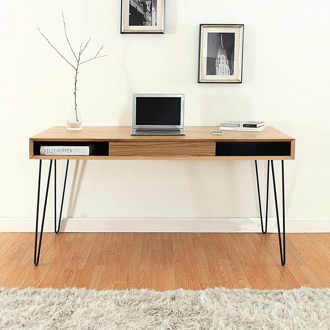 Home Office Desk 59 Large Computer Writing Table Oak Top Metal Legs Easy Assembly