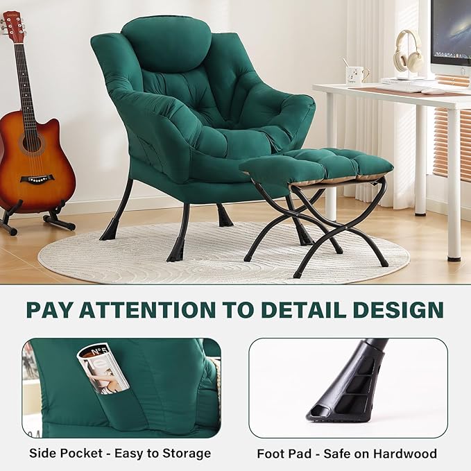 Tiita Lazy Chair with Ottoman Green Modern Large Accent Chair Comfy Leisure Sofa Armchair with Ottoman Reading Chair with Footrest for Bedroom Living Room Dorm Rooms Green