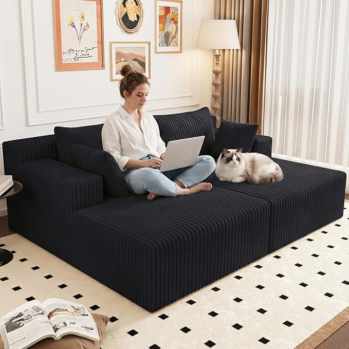 70.8 Oversized Boneless Double Chaise Lounge Chair Indoor Upholstered Corduroy Cloud Chaise Lounges with 4 Pillows Modern Deep Seat Loveseat Sleeper Sofa for Living Room Bedroom Apartment Black