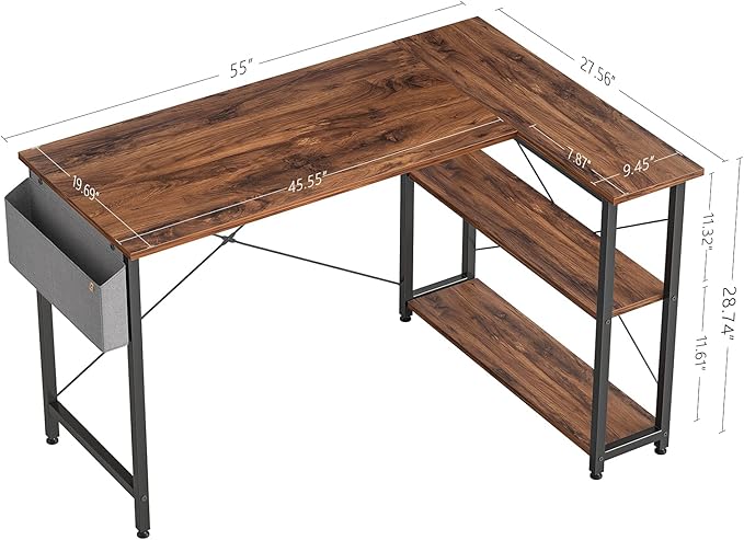 BANTI 55 Inch Small L Shaped Computer Desk with Storage Shelves Home Office Corner Desk Study Writing Table Brown