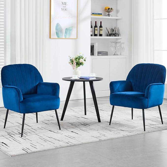 Velvet Accent Chair Upholstered Modern Leisure Single Sofa Side Living Room Chair Comfy Tufted Back Armchair with Metal Legs for Waiting Room/Bedroom/Office/Reading Room Blue