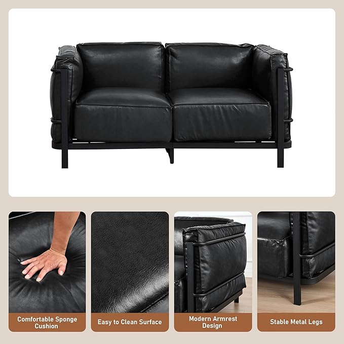 Minimalist Style 3 Seater Sofa Mid-Century Modern Faux Leather Sofa Couch with Fixed-Shape Iron Frame Upholstered Couch Chair for Living Room Office Apartment (Black Loveseat Sofa)
