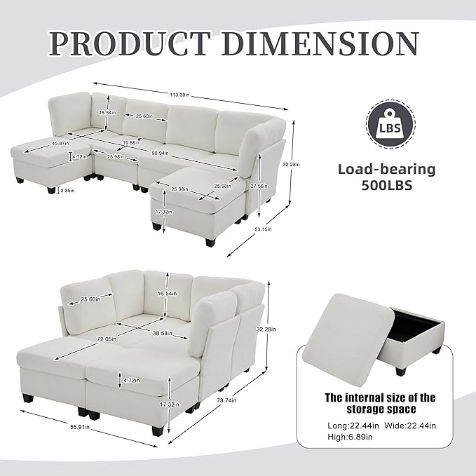 U Shaped Modular Sectional Sofa Couch with Storage Ottoman 6 Seat Convertible Upholstered Deep Seat Sofa with Chaise Lounge Comfy Cloud Couch for Living Room Beige