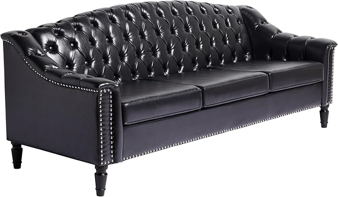AVZEAR 3 Seater Large Sofa Chesterfield Sofa Set 80 Mid-Century Modern PU Sofa Upholstered Couch with Nailhead Trim and Button Tufted for Living Room Office Bedroom Black