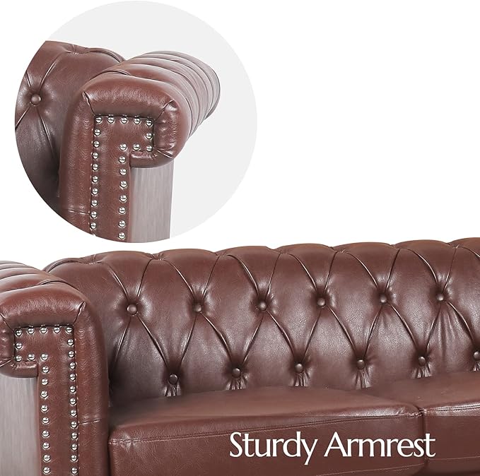 Brown Couches Sofas Chesterfield Sofas for Living Room Deep Seat Comfy 3-Seater Faux Leather Couch Classic Tufted Upholstered Couches for Bedroom Office Easy to Assemble