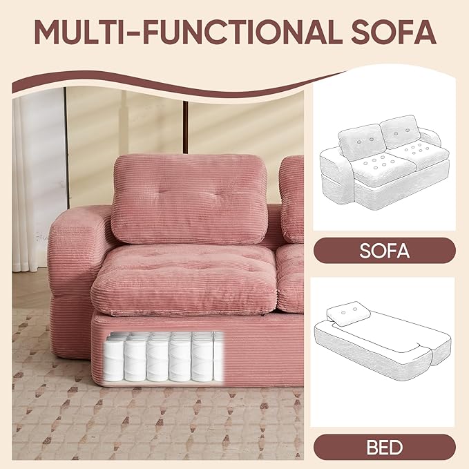 Sofa Bed Couch Convertible Futon Sofa Bed Foldable Boneless Couch No Assembly Love Seat Mattress Sleeper for Living Room Bedroom Apartment Pink