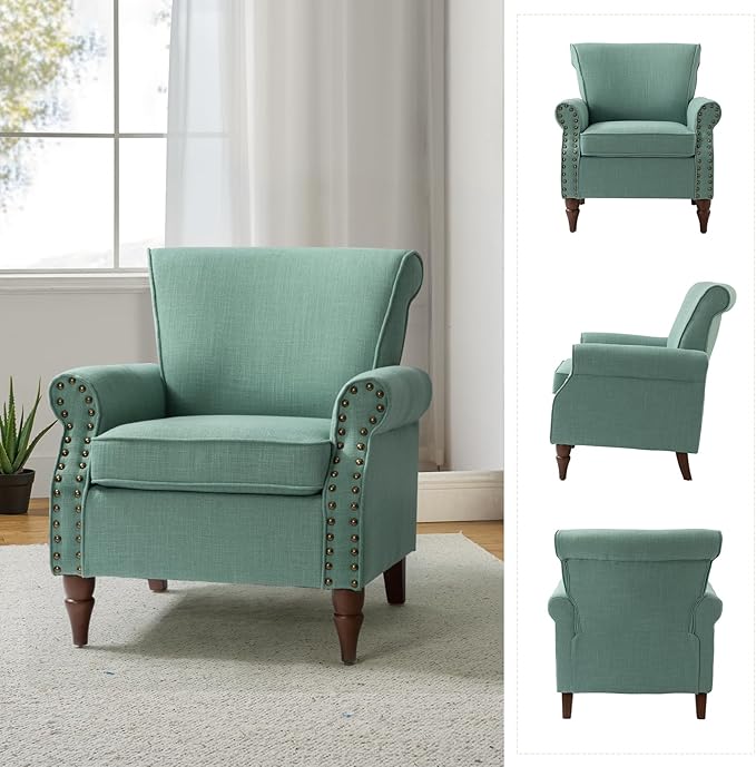 HULALA HOME Accent Chair with Wood Legs &amp Removable Cushion Modern Wingback Armchair with Nailhead Trim Comfy Upholstered Lounge Chair Single Sofa Chairs for Living Room Bedroom Sage