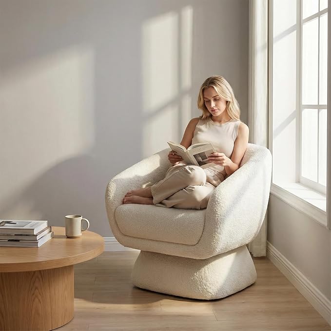 Modern Oversized 360° Boucle Swivel Barrel Chair with ArmrestsComfy Accent Lounge Chair for Living RoomBedroomApartmentSmall SpaceOffice (White)