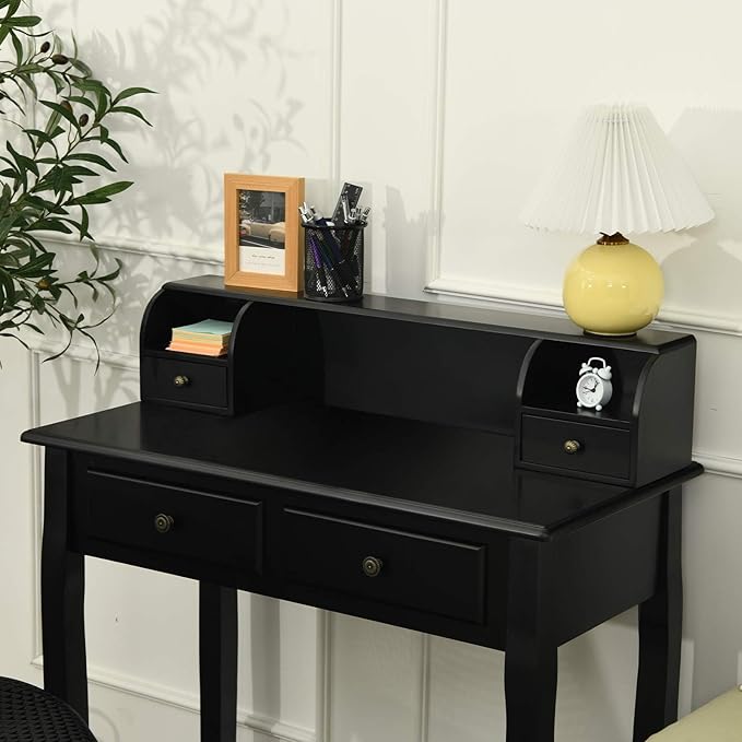 Giantex Writing Desk with 4 Drawers Removable Floating Organizer 2-Tier Mission Home Computer Vanity Desk for Apartment Small Space (Black)