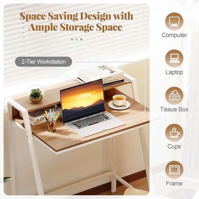 Giantex Small Computer Desk 31.5 Compact Home Office Desk with Monitor Stand &amp Sturdy Frame 2-Tier Space-Saving Study Writing Desk for Small Spaces Apartment and Bedroom (Natural)