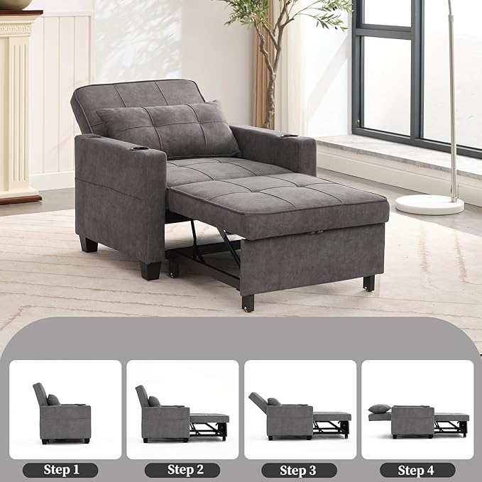 Sleeper Chair Bed Convertible Chair Bed Pull Out Chair Beds with USB Charging &amp Cupholders Adjustable Backrest Leather Futon Chair Bed for Living Room Bedroom (Dark Grey(Cloth))