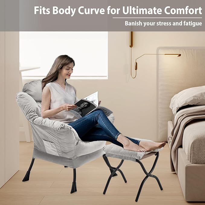 Lazy Chair with Folding Ottoman Accent Chair Velvet Upholstered with Metal Structure and Non-Slip Pads Sofa Armchair with Footrest and Side Storage Bag for Dorm Room Office Light Gray