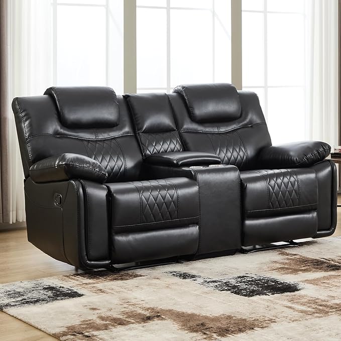 EBELLO Faux Leather Manual Loveseat Recliner Comfortable Armrest 2 Seat Recliner Sofa with Center Console Hidden Storage and Cup Holders Reclining Couch for Living Room Black (Loveseat)