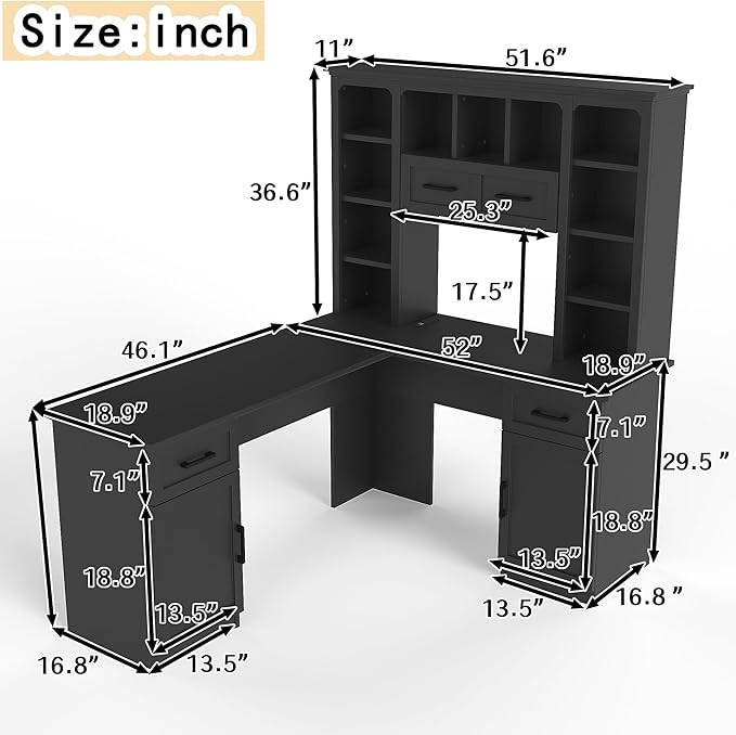 Polibi L-Shaped Computer Desk with Storage - 2-in-1 Design with 2 Drawers and 2 Cabinets 11 Open Shelves &amp Power Outlet for Home Office Black