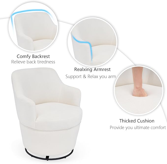 Swivel Accent Chair with Ottoman Fabric Small Barrel Chair with Footstool Modern Round Bedroom Chair for Living Room Beige