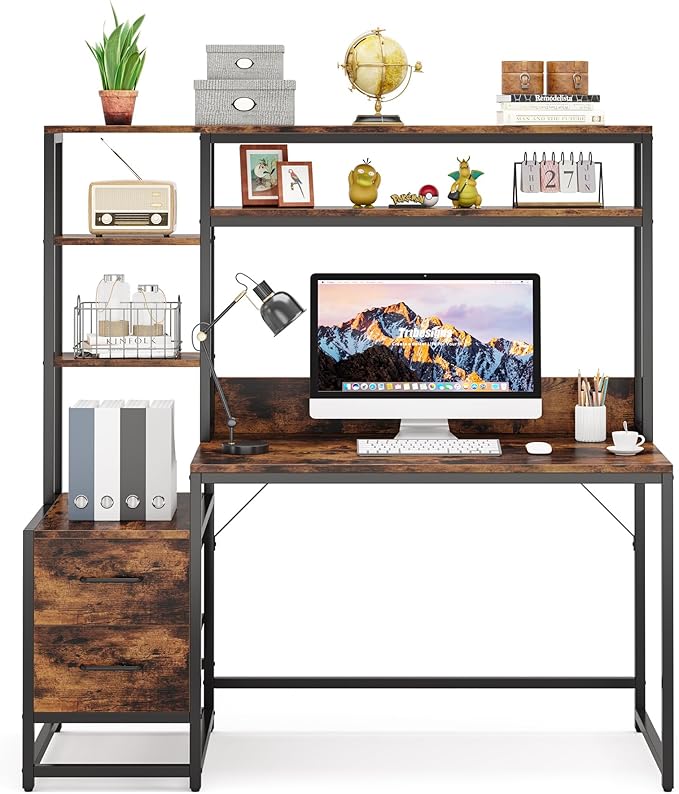 LITTLE TREE Computer Desk with Drawers and Hutch Rustic Office Desk with Storage Shelves for Home Office