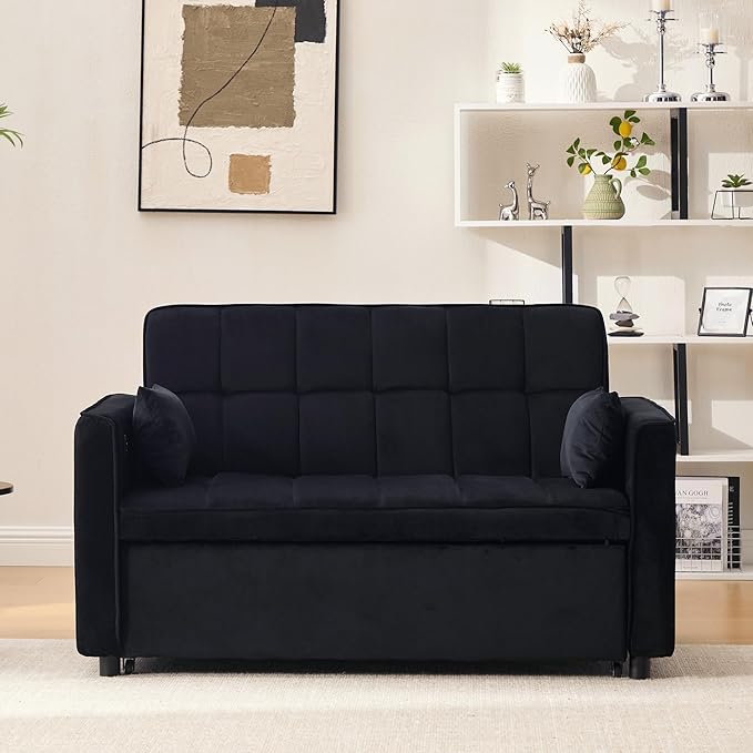 Velvet 3-in-1 Convertible Sleeper Sofa Bed - USB Charging Port Adjustable Backrest Pull-Out Futon Loveseat for Small Space Apartment Versatile Sectional Couch for Living Room (Black)