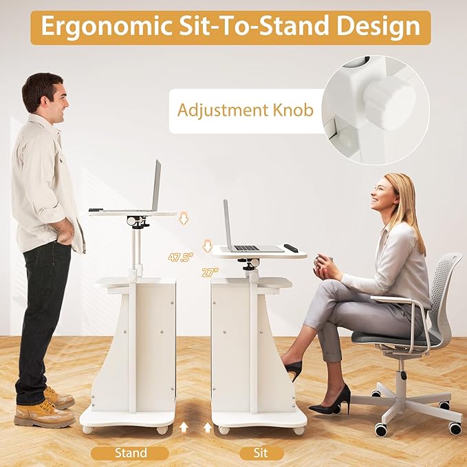 POWERSTONE 2PCS Sit to Stand Mobile Lectern Teacher Podium Portable Height Adjustable Podium Stand Rolling Laptop Desk Cart with Storage Shelf Swivel Top for Classroom Concert Church White