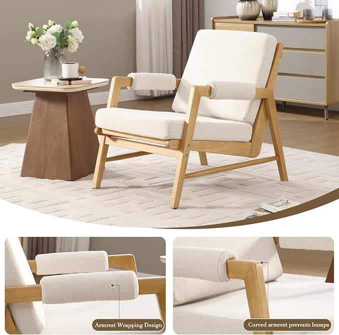 HEAH-YO Modern Accent Chair Upholstered Linen Fabric Living Room Chair with Wooden Frame Comfy Armchair with Thick Cushion for Bedroom Balcony Beige