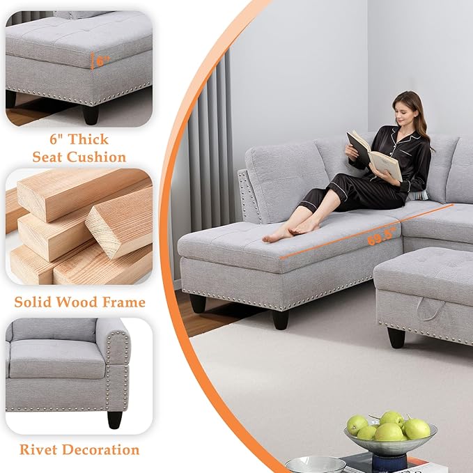 Wakefit Sectional Sofa Couch Modern 4-Seaters Living Room Furniture Sets with Chaise Lounge Ottoman &amp 2 Pillows | L Shape Couch | Cup Holder | Linen Fabric Light Gray