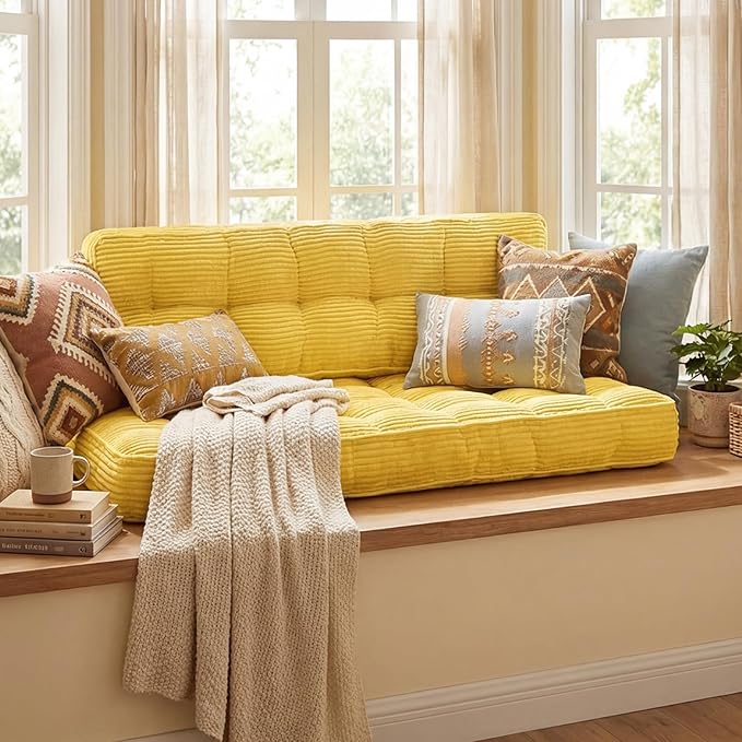 63 Inch Folding Bench Cushion 4 Inch Thick 2-in-1 Convertible Long Floor Lounger Boneless Cushions Couch Mattress Upholstered for Yoga Reading Sleeping Meditation Living Room(Yellow)
