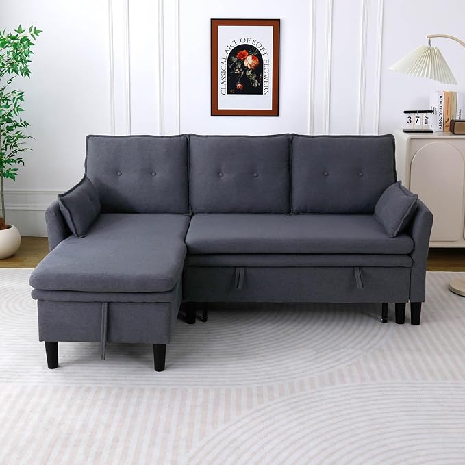 78 L-Shaped Sleeper Sofa Bed Couch 3-Seater Reversible Pull Out Couch Bed with Storage Chaise Lounge Cotton-Linen Pullout Sofabed Sectional Couches for Living Room Apartment Dark Grey