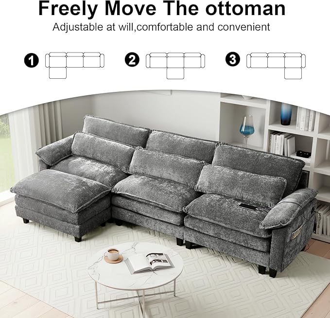 113'' Modular Sectional SofaL Shaped Couch with Movable Ottoman Comfy Cloud Sofa with Deep Seat 3 Seat Convertible Sectional Couches for Living Room with USB Charging &amp Side Pockets(Grey)