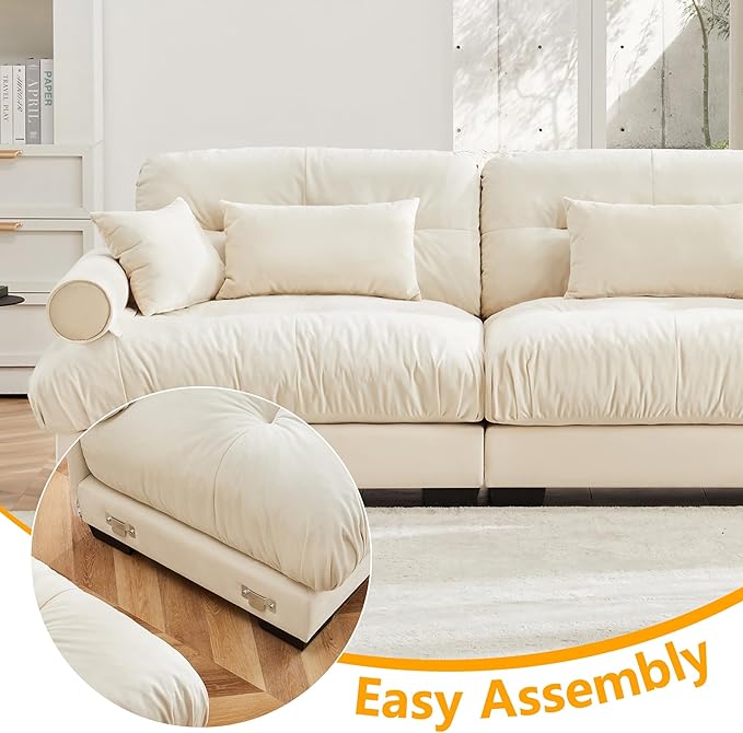 Loveseat Sofa 2 Seater Modular Sectional Sofa Large U Shaped Sectional Couches for Living Room Fluffy Couch Love Seat Velvet Cloud Couch with Ottoman Deep Seat Sofas for Living Home Cream