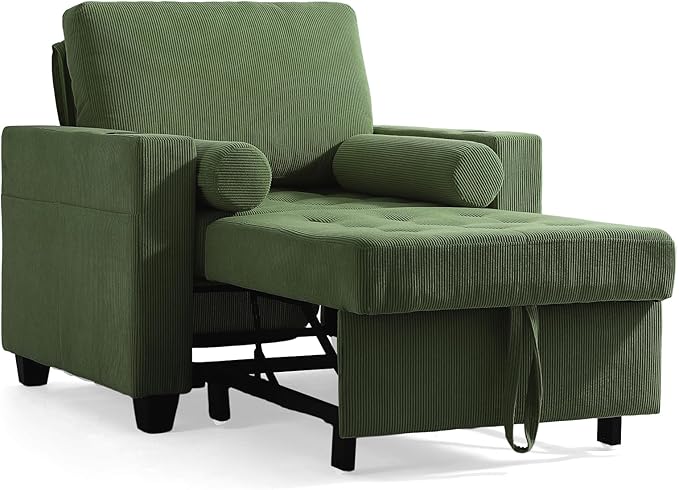 39 Convertible Sleeper Chair Comfy Corduroy Single Sofa Chair with Pull-Out Bed Sleeper Sofa Bed with 3-Levels Adjustable Backrest Side Pocket Cup Holder USB Ports for Living Room Green