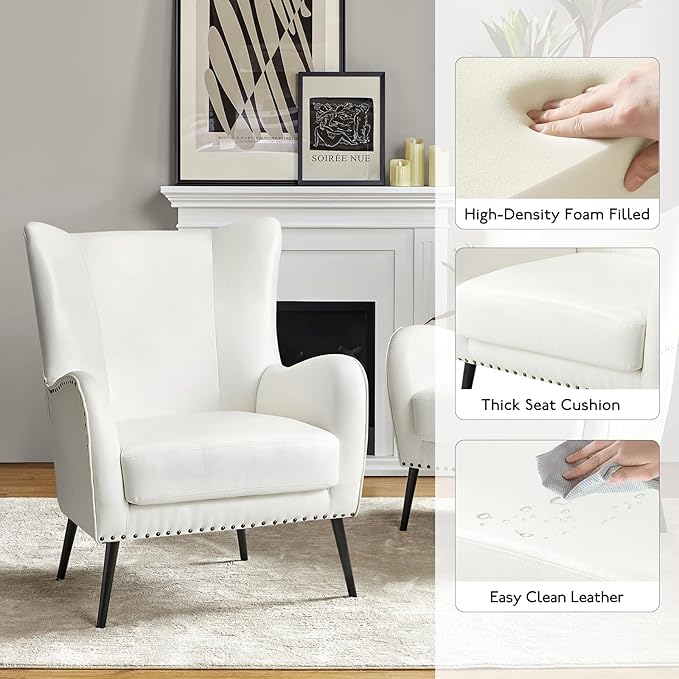 HULALA HOME Faux Leather Accent Chair with Removable Cushion Comfy Upholstered Armchair with Black Metal Legs &amp Nailhead Trim Wingback Vanity Chair for Reading Living Room Bedroom Ivory