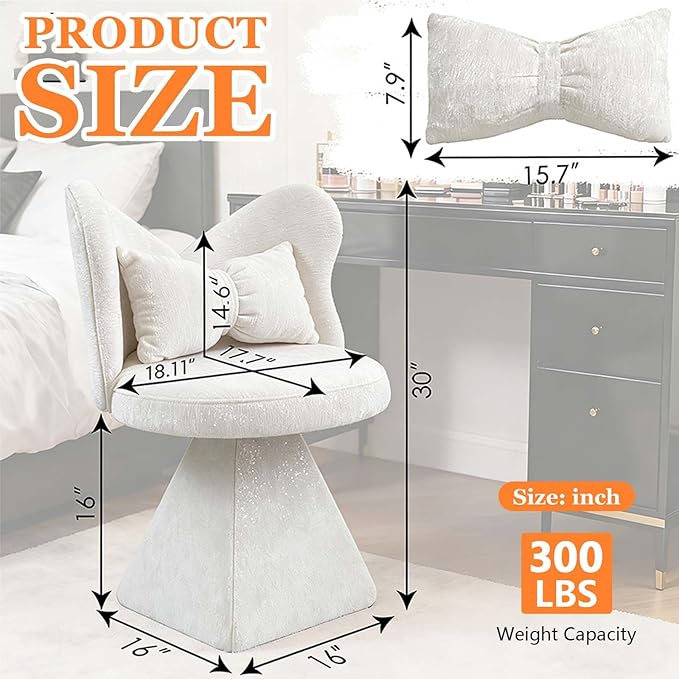 360° Swivel Vanity Chair with Back and PillowChenille Comfy Makeup Chairs for VanityWhite Modern Desk Chair No Wheels for BedroomLiving Room (White)
